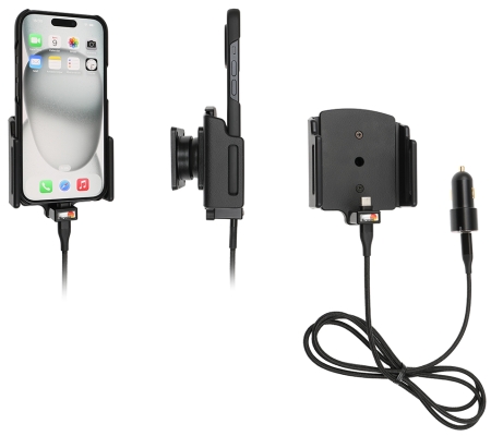 Brodit Aktiv holder med USB-kabel og cigarettadapter, Apple iPhone 15/15 Pro/16/16 Pro/16e i gruppen Billyd / Smartphone til bilen / Mobilholdere hos BRL (240721370)