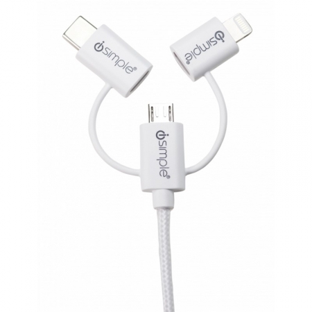 iSimple 3in1 USB-lading - USB C/ Micro / Lightning hvit