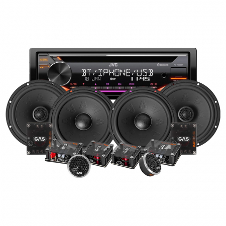 JVC KD-T922BT & GAS MAX K2/X2 front- og baksystem, bilstereopakke i gruppen Pakkeløsninger / Pakker for bilen / Bilstereopakker hos BRL Electronics (SETKDT922BTK2)