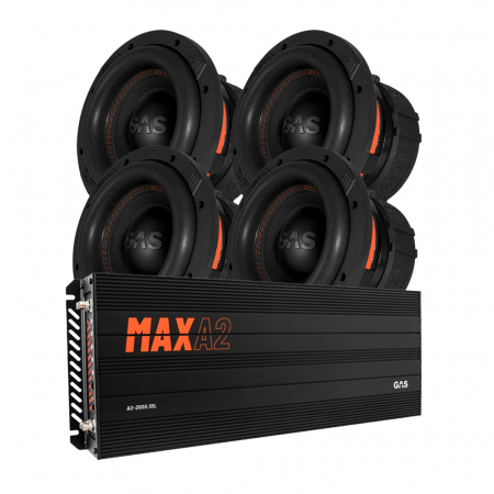 4-pack GAS MAX S1-8D1 & MAX A2-2500.1DL, baspaket till jänkare i gruppen Pakkeløsninger / Pakker for bilen / Basspakker hos BRL Electronics (SETMAXS18D1PKT4)