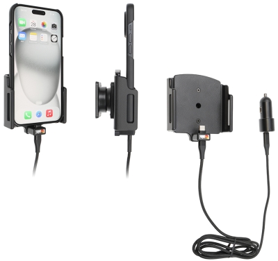 Brodit Aktiv holder med USB-kabel og cigarettadapter, Apple iPhone 15 Plus/15 Pro Max/16 Plus/16 Pro Max
