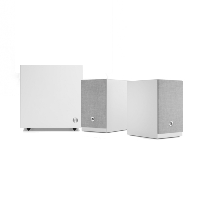 Audio Pro A28 W i hvitt med SW-5, aktivt 2.1 høyttalerpakke