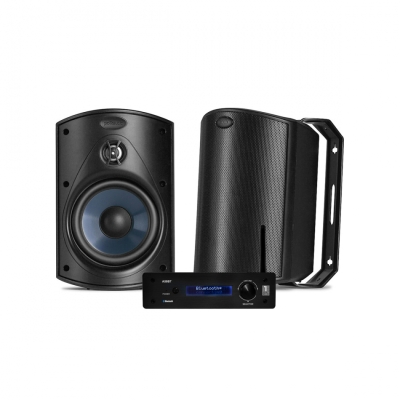 System One A50BT & Polk Audio Atrium 4 svarta utomhøyttalere, stereopakke