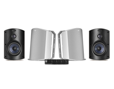 System One SC4B høyttalerveksel & 2 par Polk Audio Atrium 6 Hvite Utendørshøyttalere