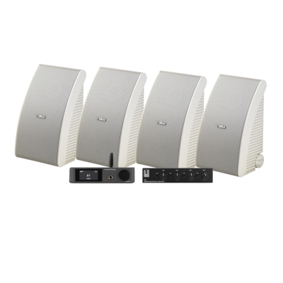 4-pakning Yamaha NS-AW592 i hvitt med Dynavoice CA802BT og SC4B, utendørspakke