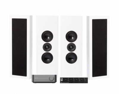 WiiM Amp, SC4B & 2 par matt hvit DLS Flatbox XL