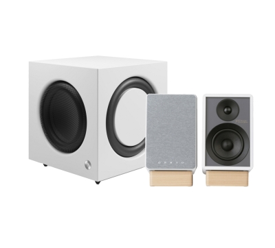 Onkyo GX-30ARC med Audio Pro SW-10, aktivt 2.1 stereopakke i hvitt