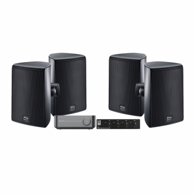 WiiM Amp med 2 par svarte Magnat Symbol X 160 & SC4B høyttalerbryter