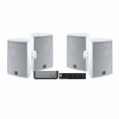 WiiM Amp med 2 par hvite Magnat Symbol X 160 & SC4B høyttalerbryter