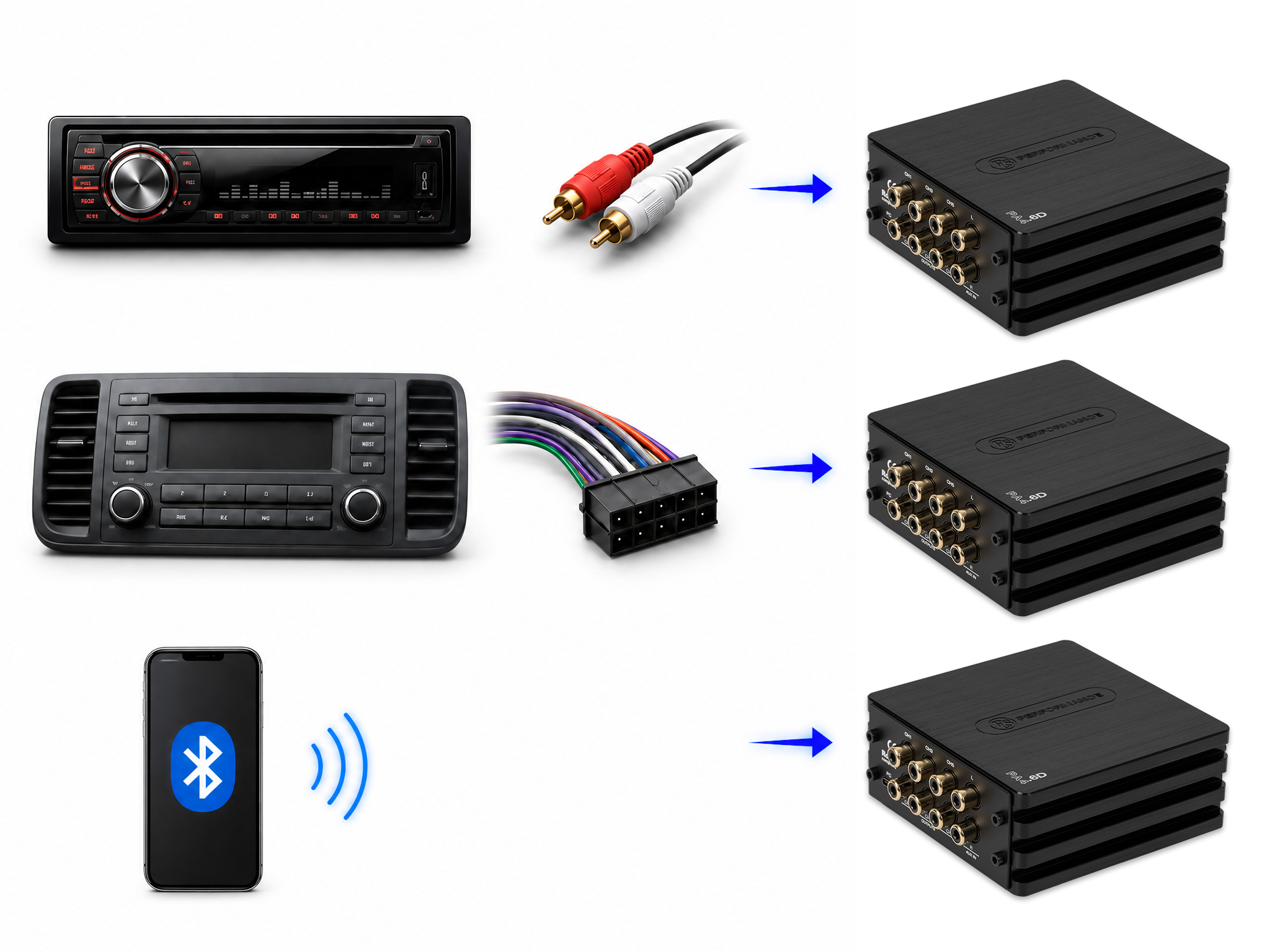 Diagram med 3 rader: Ettermarkedsstereo til DSP med lavnivåkabel, originalstereo til DSP via høynivå og Bluetooth direkte til DSP.