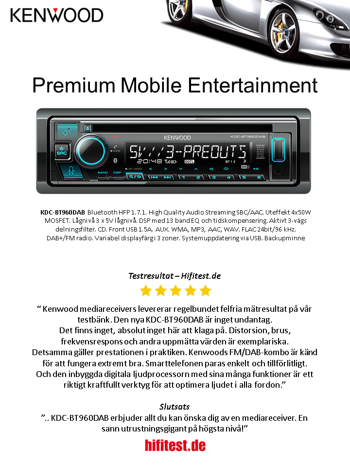 Kenwood KDC-BT960DAB, bilstereo med Bluetooth og DAB+ og 3 par lavt nivå med 5V