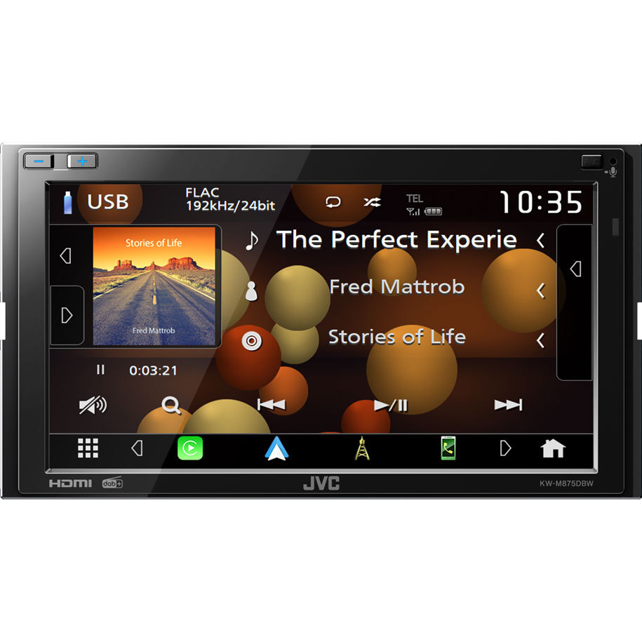JVC KW-M875DBW, bilstereo med CarPlay, Bluetooth og 3 par (5V) lavnivå