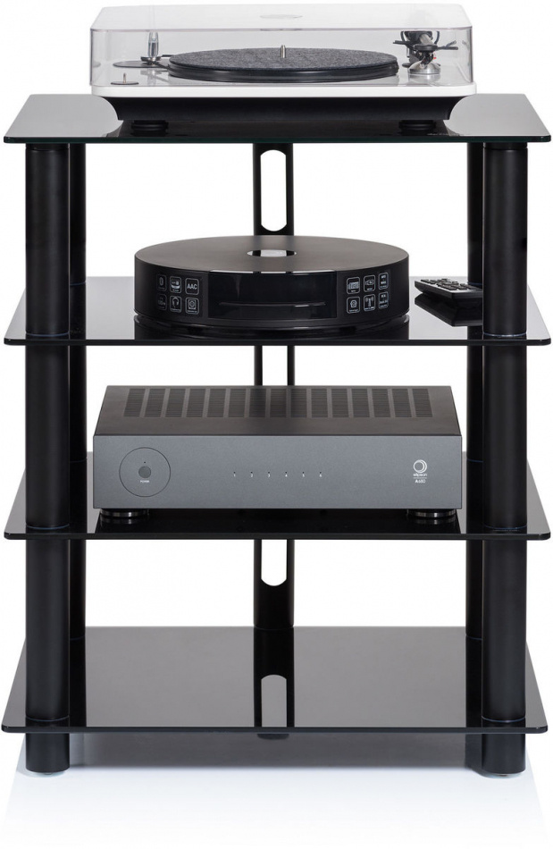 Norstone Epur 4, svart hifi-rack med svarta glashyllor