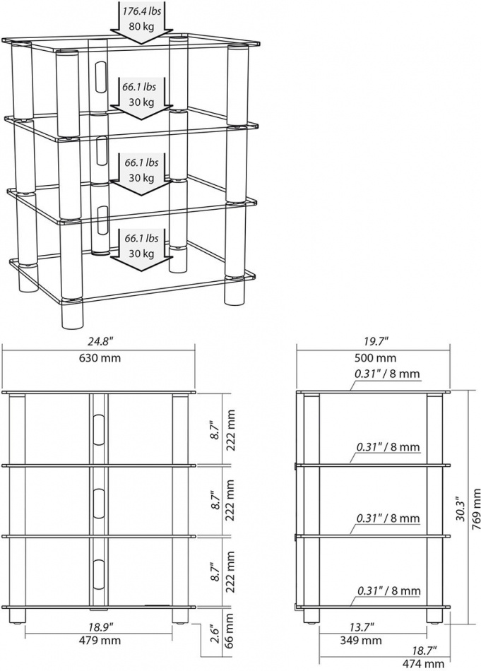 Norstone Epur 4, svart hifi-rack med svarta glashyllor