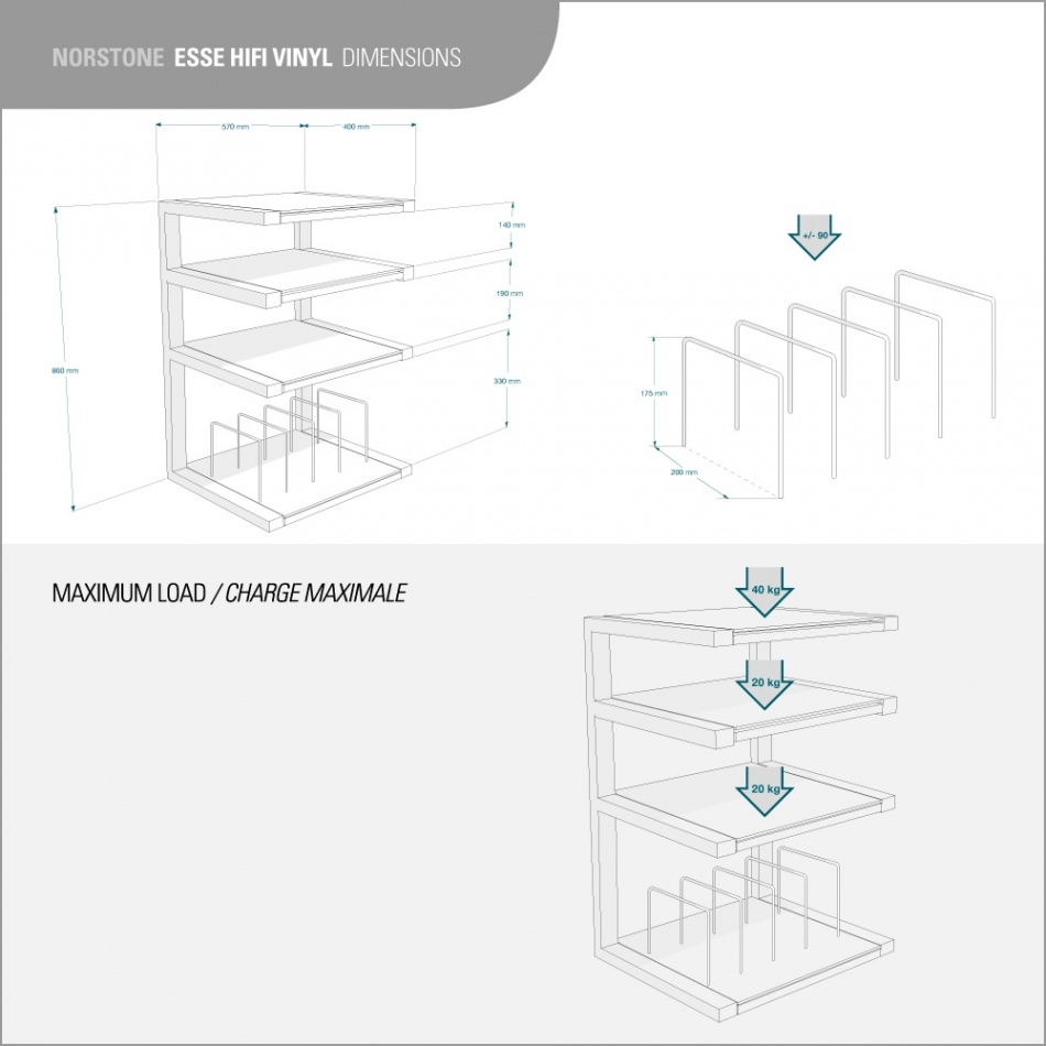 Norstone Esse Hifi Vinyl, matt svart med hvitfrostede hyller