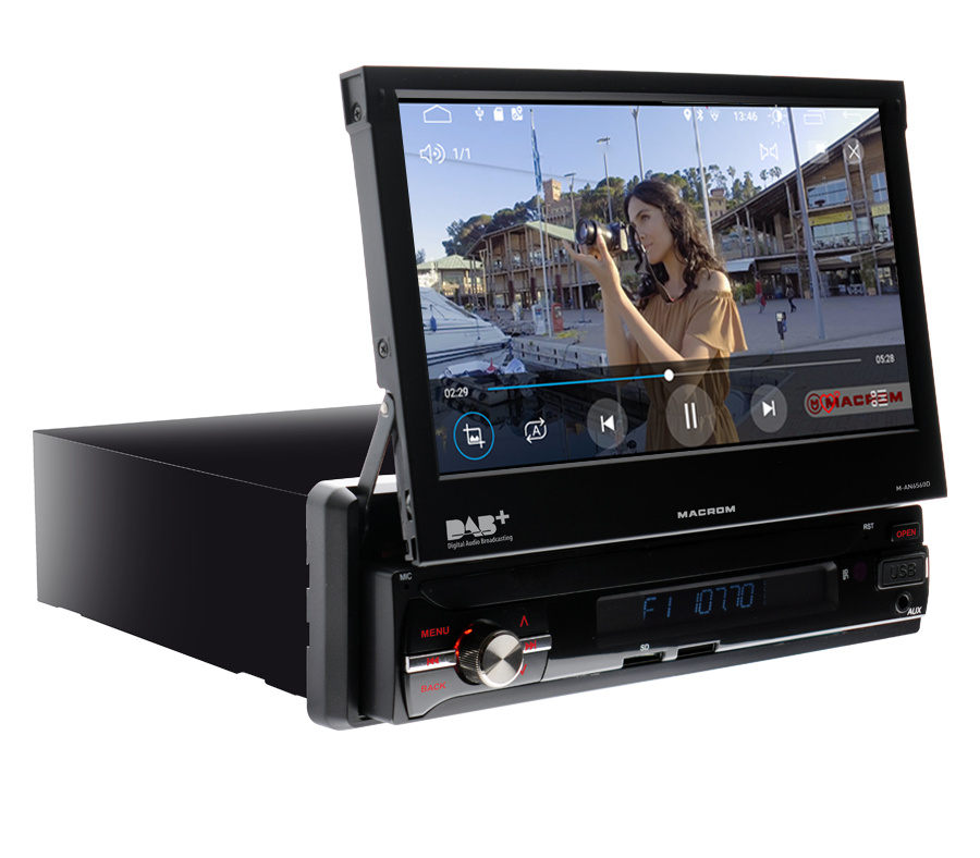Macrom M-AN6560DAB bilradio med motorisert skjerm, Android 10, DAB+ og Bluetooth