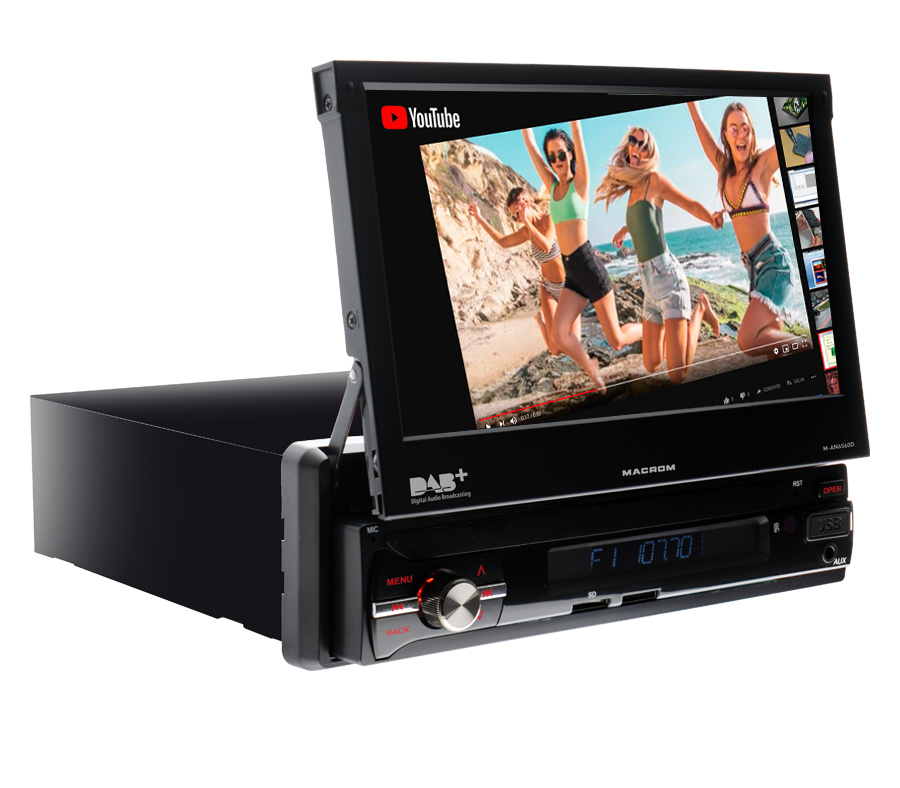 Macrom M-AN6560DAB bilradio med motorisert skjerm, Android 10, DAB+ og Bluetooth