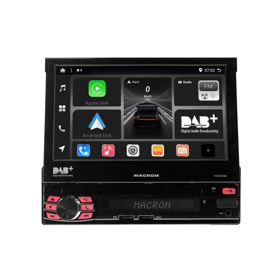 Macrom T6593DAB bilstereo med motorisert skjerm, Android 13 & mer