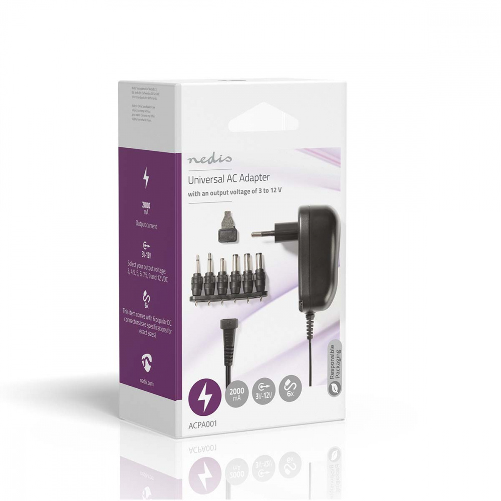 Nedis universal nätadapter, 6 st. kontaktstycken, 3-12V DC / 2.0A