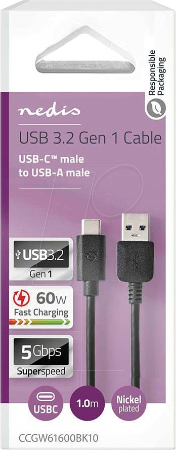 NEDIS CCGW61600BK10 USB-A-til-USB-C-kabel, svart, 1 meter
