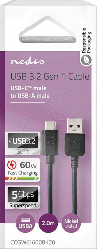 NEDIS CCGW61600BK20 USB-A-til-USB-C-kabel, svart, 2 meter