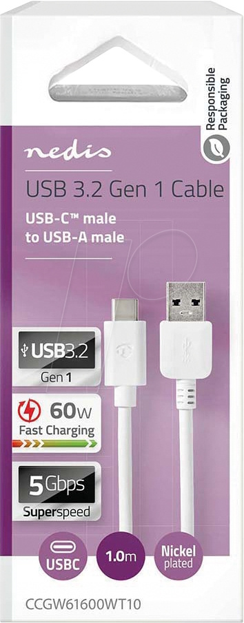 NEDIS CCGW61600WT10 USB-A til USB-C-kabel, hvit, 1 meter