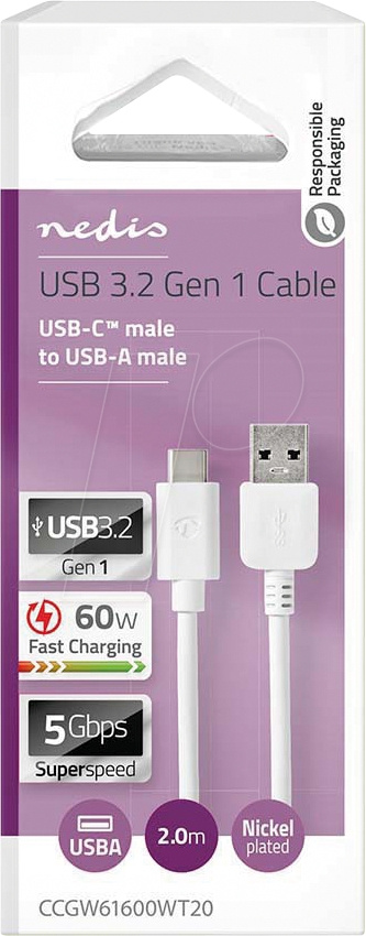 NEDIS CCGW61600WT20 USB-A til USB-C-kabel, hvit, 2 meter