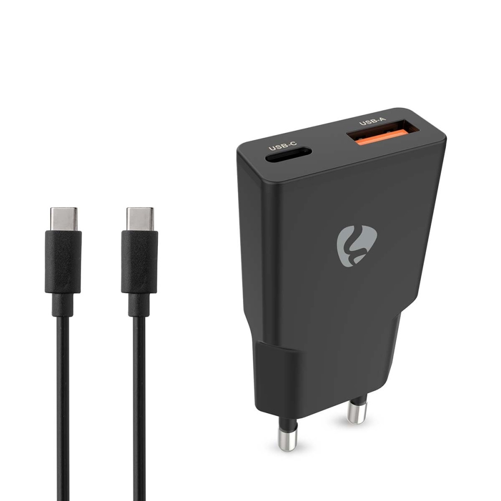 Nedis vegglader med USB-C-kabel 20 W 1x USB-C 1x USB-A, svart
