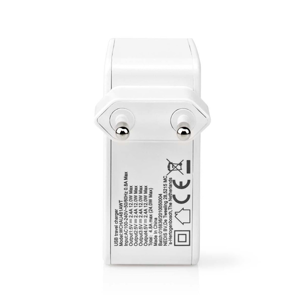 Nedis USB-A-vegglader, 4 porter, 24 W, hvit