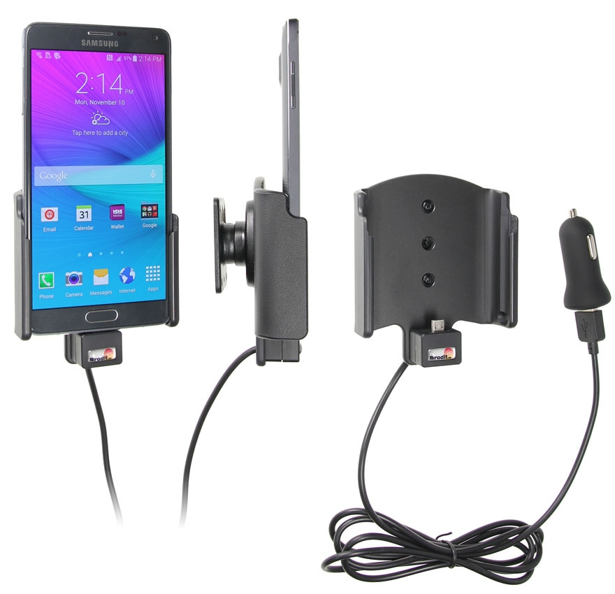 Brodit Aktiv holder med USB-kabel og cigarettadapter, Samsung Galaxy Note 4 