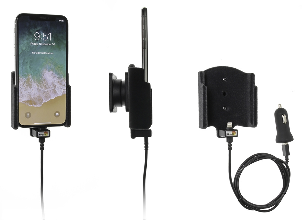 Brodit Aktiv holder med USB-kabel og cigarettadapter, Apple iPhone X/Xs