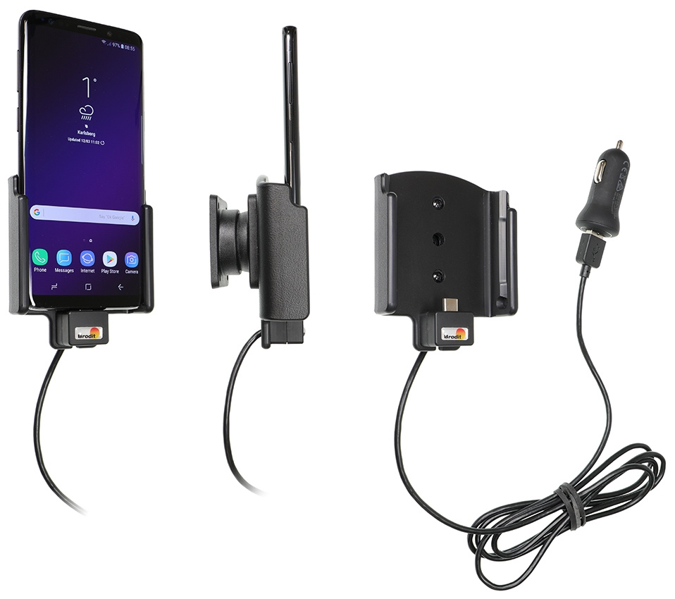 Brodit Aktiv holder med USB-kabel og cigarettadapter, Samsung Galaxy S9 