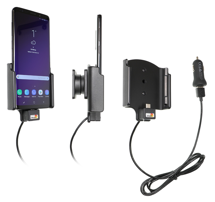 Brodit Aktiv holder med USB-kabel og cigarettadapter, Samsung Galaxy S9+ 
