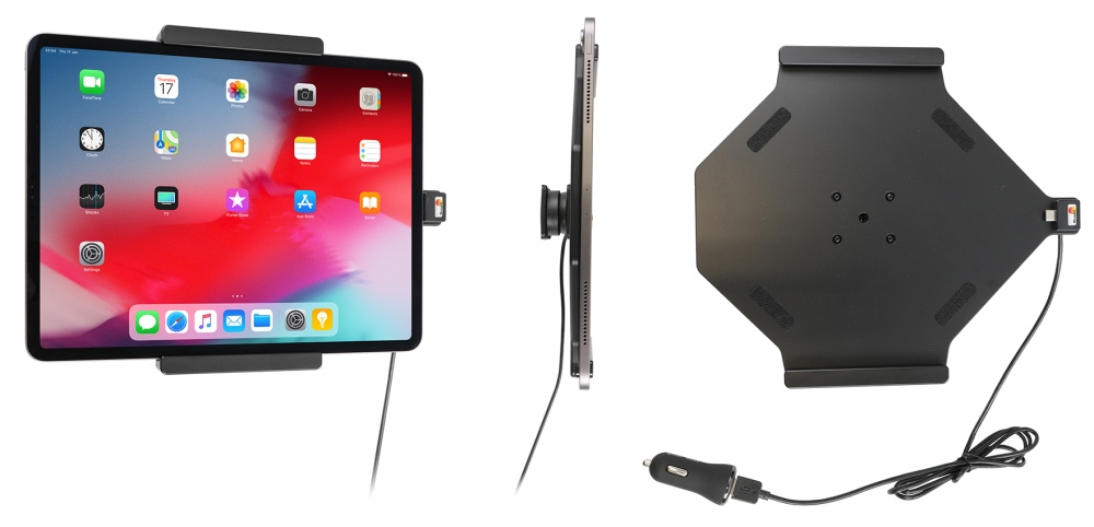 Brodit Aktiv holder med USB-kabel og cigarettadapter, Apple iPad Air 13 2024  (A2898, A2899, A2900)/Air 13 2025 M3 (A3268, A3268, A2371)/Pro 12,9 2018 (A1876, A1895, A1983, A2014)/Pro 12.9 2020 (A2069, A2232, A2229)/Pro 12.9 5th Gen 2021 (A2378, A2379, A2