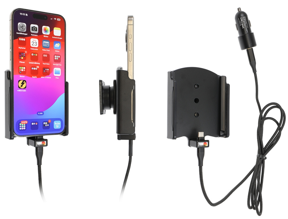 Brodit Aktiv holder med USB-kabel og cigarettadapter, Apple iPhone 15 Pro Max 