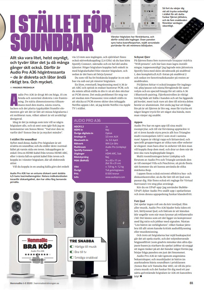 Audio Pro A36 gulvhøyttaler med Wifi & Bluetooth, svart par