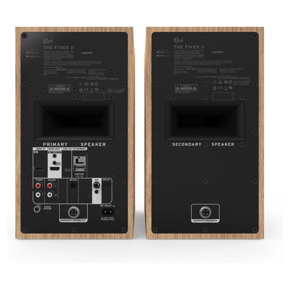 Klipsch The Fives II aktive streaminghøyttalere med HDMI og Dolby Atmos, par i eik
