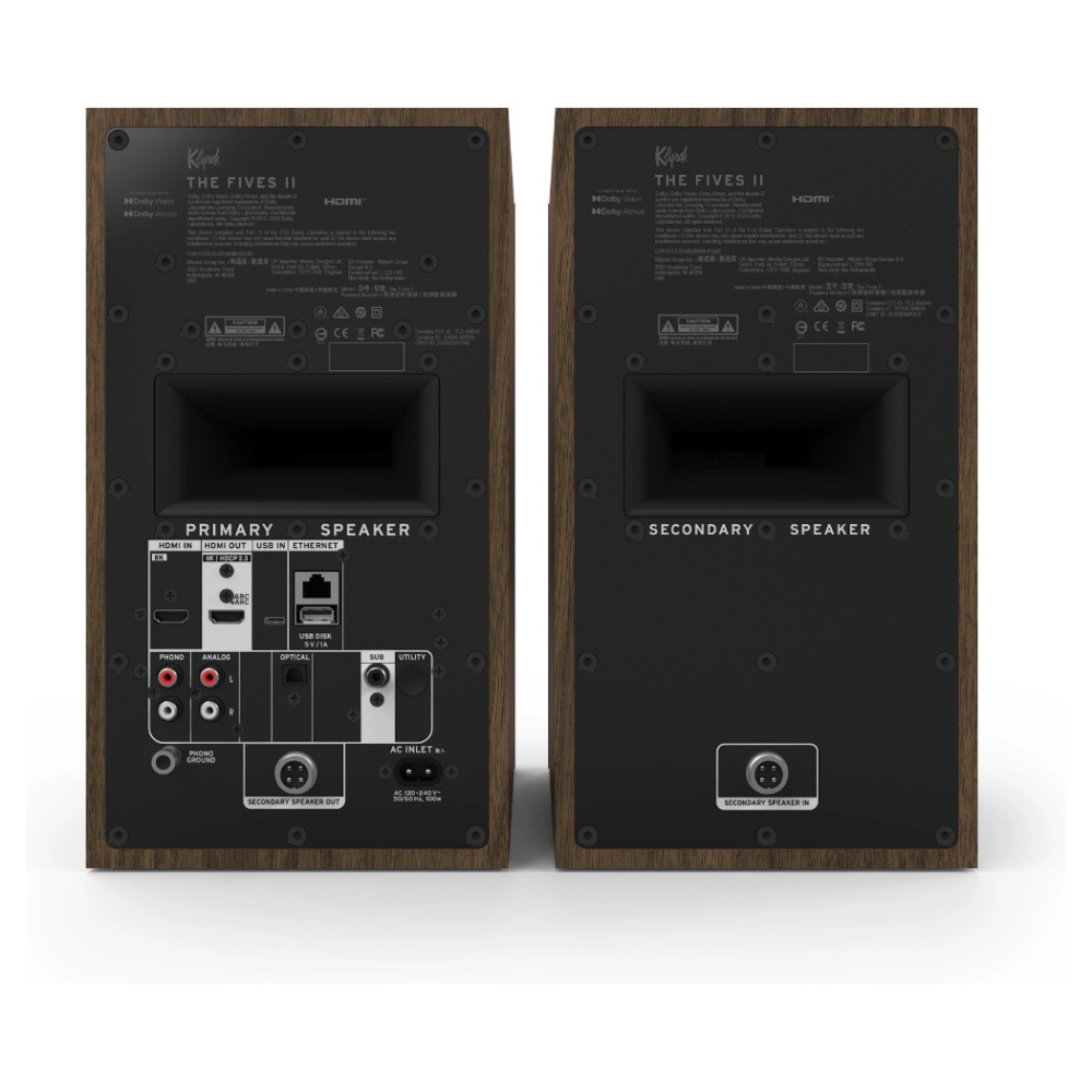 Klipsch The Fives II aktive strømmehøyttalere med HDMI og Dolby Atmos, valnøttparet