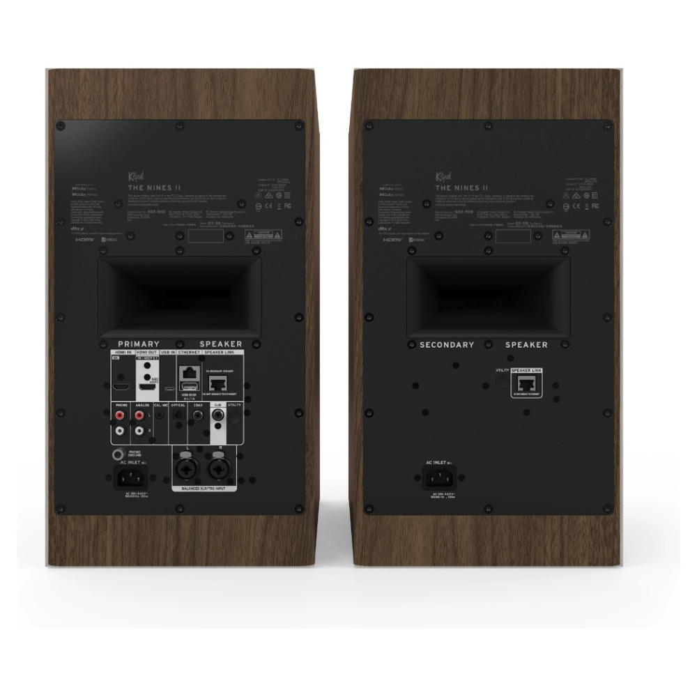 Klipsch The Nines II aktive streaminghøyttalere med HDMI & Dolby Atmos, valnøtt par