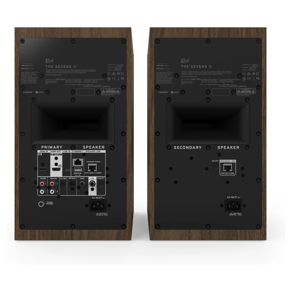 Klipsch The Sevens II aktive streaminghøyttalere med HDMI og Dolby Atmos, valnøttpar