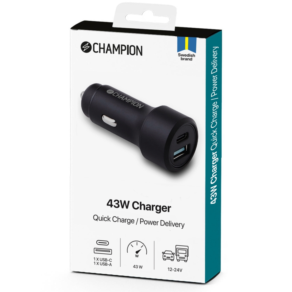 Champion FastCharge USB-B/C billaddare Duo, 43W