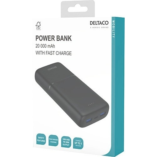 Deltaco PB-C1008 powerbank med 20 000 mAh, 20 W PD, svart