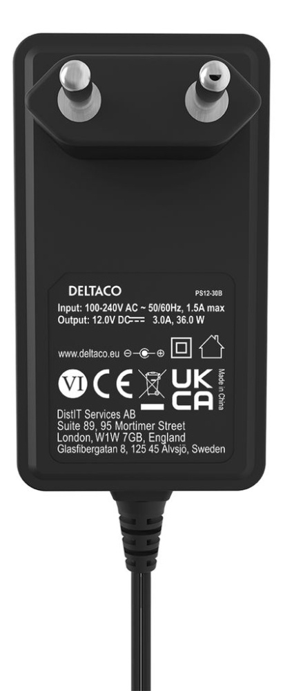 Deltaco PS12-30B strømadapter 12 V DC/3 A, svart