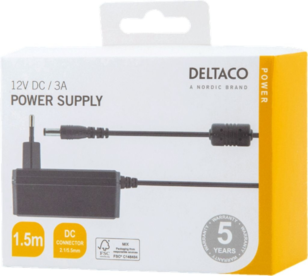 Deltaco PS12-30B strømadapter 12 V DC/3 A, svart