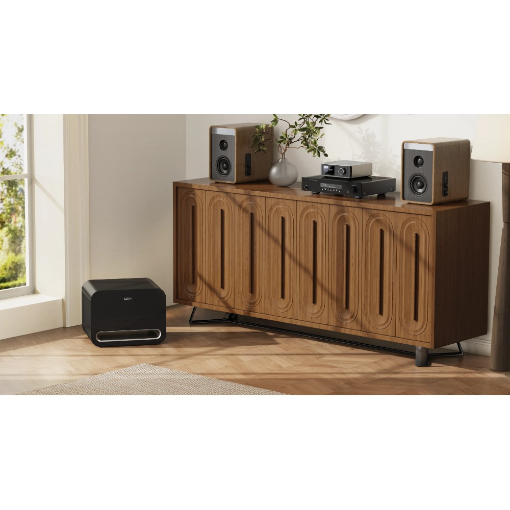 WiiM Sub Pro kompakt trådløs subwoofer, svart