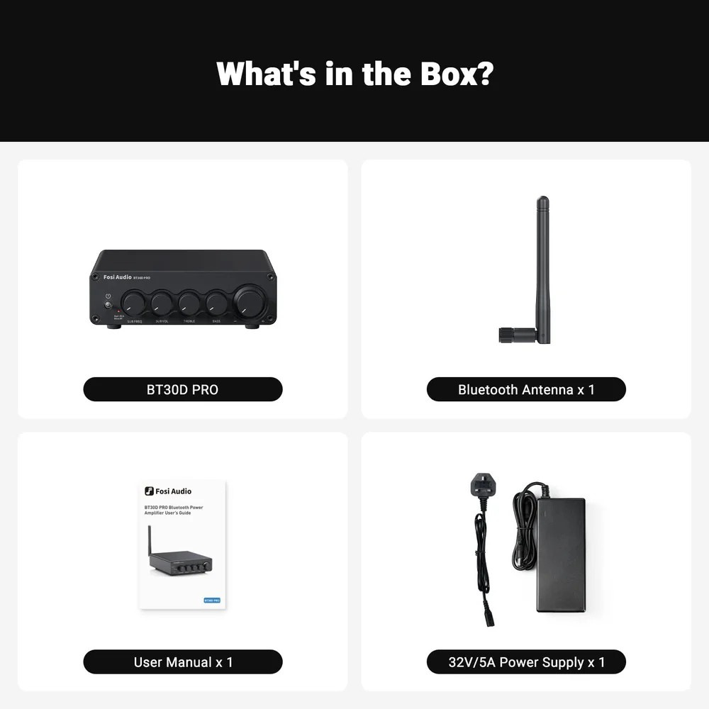 Fosi Audio BT30D, stereoforsterker med Bluetooth & 48V strømforsyning