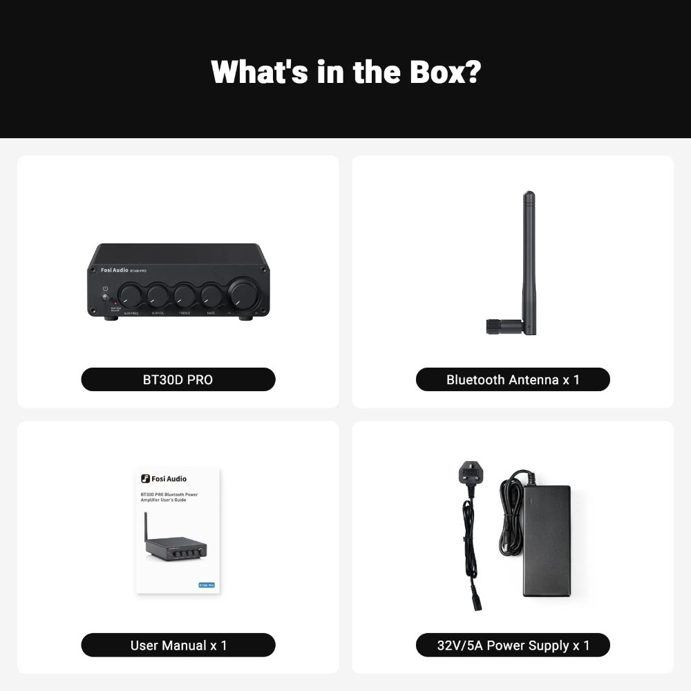 Fosi Audio BT30D, stereoforsterker med Bluetooth & 32V strømforsyning