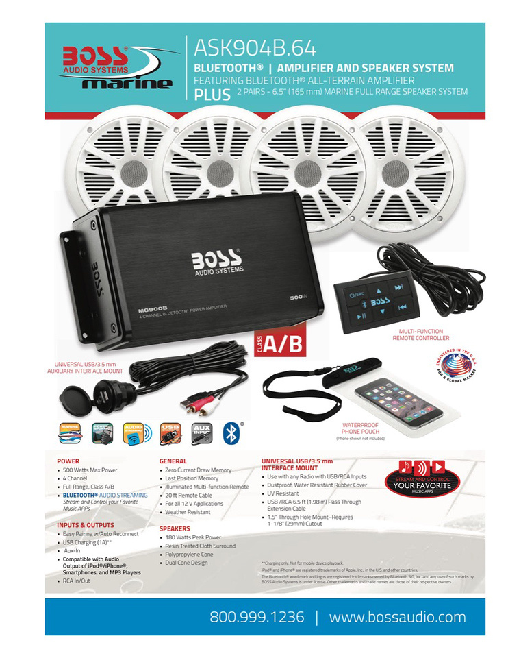 Marine pakke med forsterkere MC900B och 2 par MR6W høyttalere