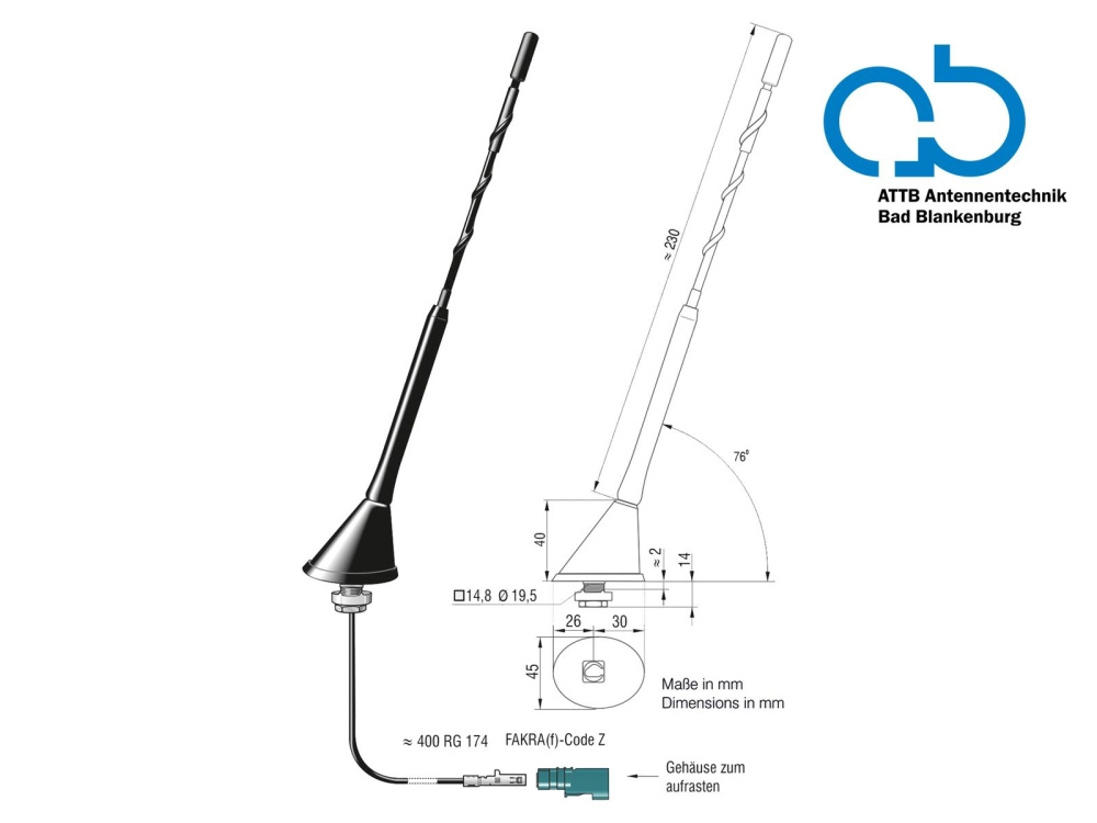 Takantenn AM/FM DAB+ passiv, 76° helling