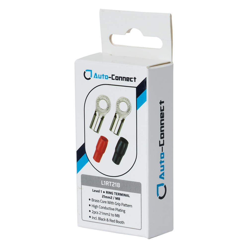 Auto-Connect rød og svart ringkabelsko M8, 21 mm²